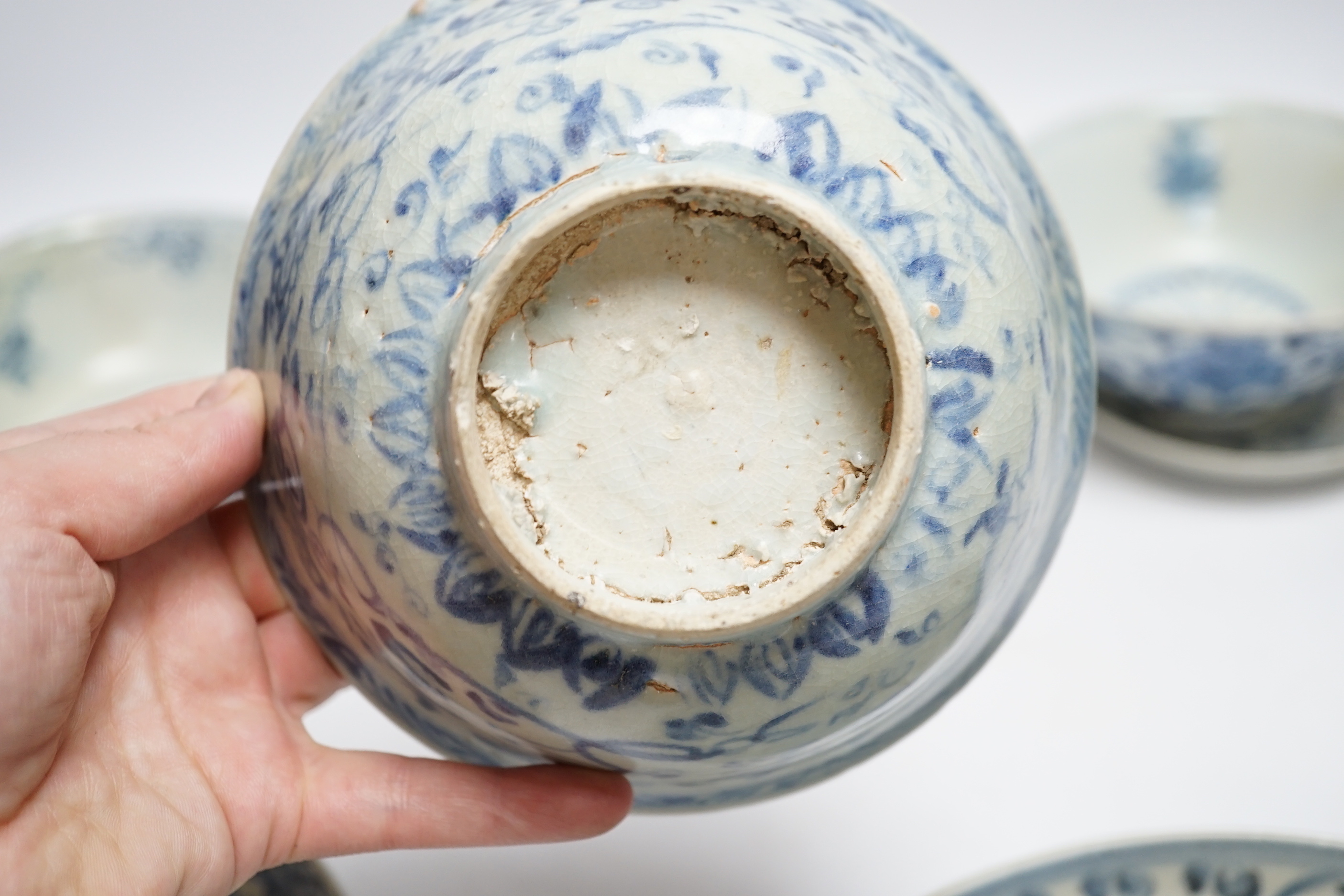 Chinese Ming dynasty shipwreck ceramics - three blue and white pottery bowls and three dishes, largest 25cm diameter